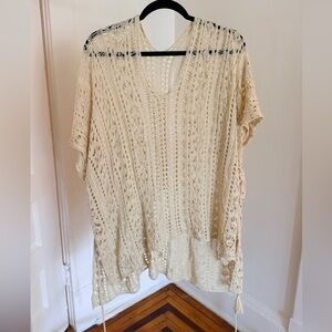 Boho Crochet V-Neck Tunic Swim Coverup - Cream